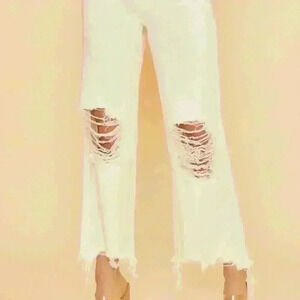 Distressed‎ Wide Leg High Rise White Jeans